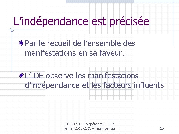 L’indépendance est précisée Par le recueil de l’ensemble des manifestations en sa faveur. L’IDE