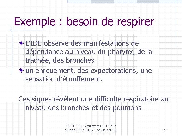 Exemple : besoin de respirer L’IDE observe des manifestations de dépendance au niveau du Exemple : besoin de respirer L’IDE observe des manifestations de dépendance au niveau du