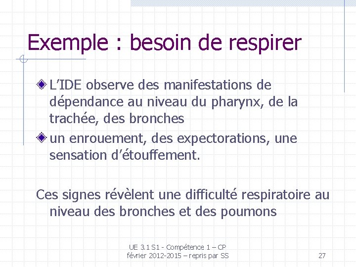 Exemple : besoin de respirer L’IDE observe des manifestations de dépendance au niveau du