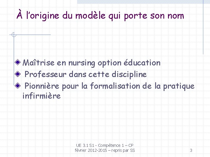 À l’origine du modèle qui porte son nom Maîtrise en nursing option éducation Professeur