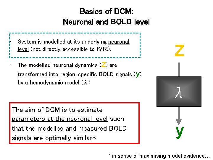 Basics of DCM: Neuronal and BOLD level • System is modelled at its underlying