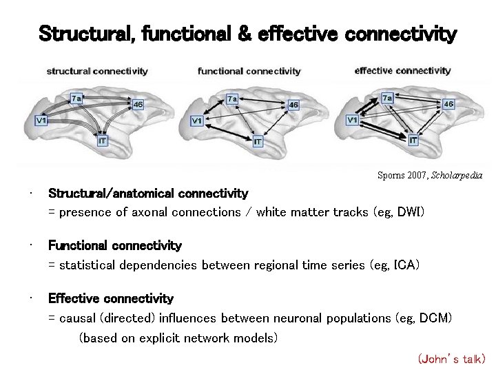 Structural, functional & effective connectivity Sporns 2007, Scholarpedia • Structural/anatomical connectivity = presence of