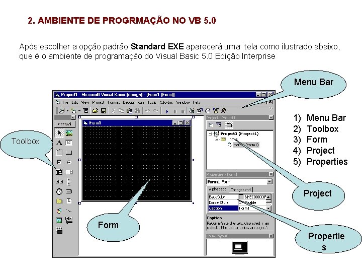 2. AMBIENTE DE PROGRMAÇÃO NO VB 5. 0 Após escolher a opção padrão Standard