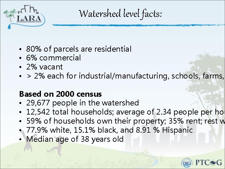 Watershed level facts: • 80% of parcels are residential • 6% commercial • 2%