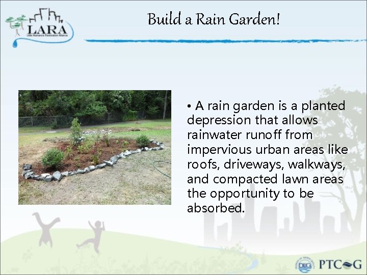 Build a Rain Garden! • A rain garden is a planted depression that allows