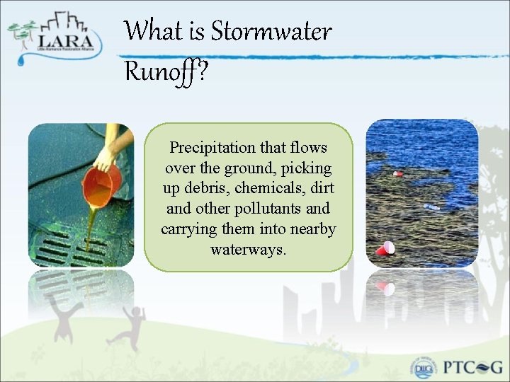 What is Stormwater Runoff? Precipitation that flows over the ground, picking up debris, chemicals,