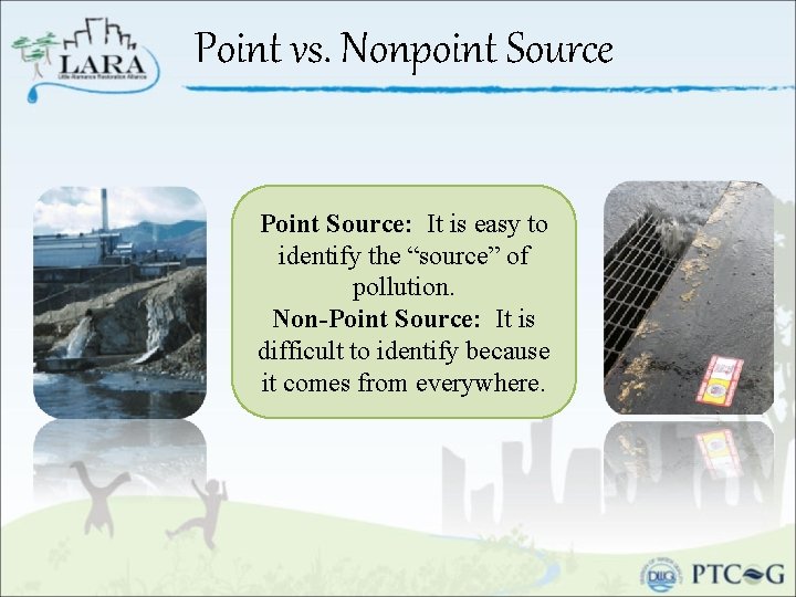 Point vs. Nonpoint Source Point Source: It is easy to identify the “source” of