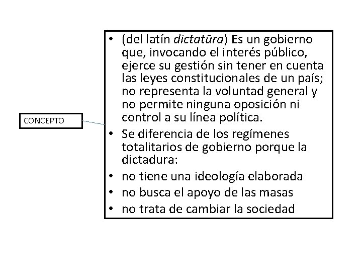 CONCEPTO • (del latín dictatūra) Es un gobierno que, invocando el interés público, ejerce