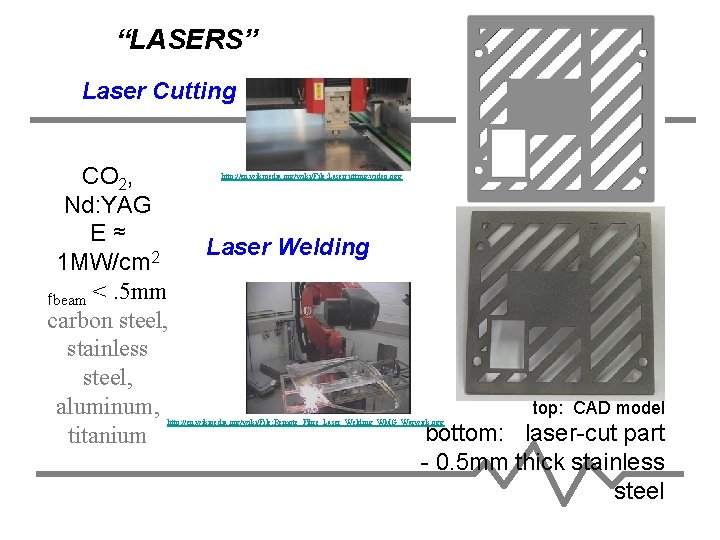 “LASERS” Laser Cutting CO 2, Nd: YAG E ≈ 1 MW/cm 2 fbeam <.