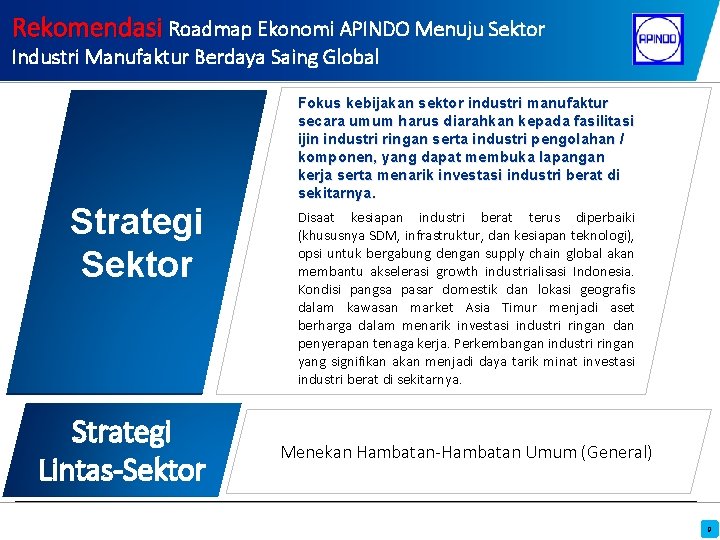 Rekomendasi Roadmap Ekonomi APINDO Menuju Sektor Industri Manufaktur Berdaya Saing Global Strategi Sektor Strategi