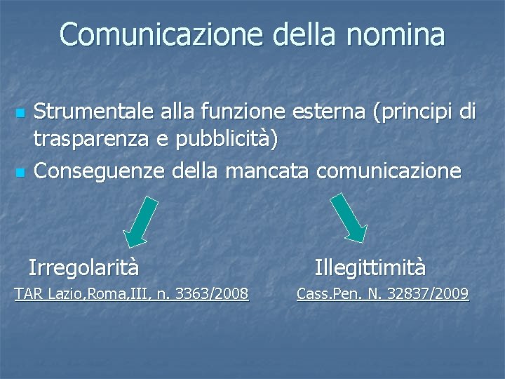 Comunicazione della nomina n n Strumentale alla funzione esterna (principi di trasparenza e pubblicità)