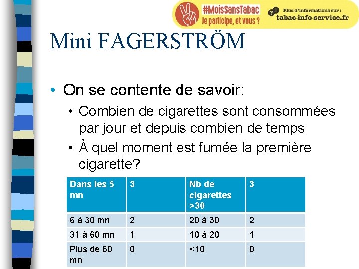 Mini FAGERSTRÖM • On se contente de savoir: • Combien de cigarettes sont consommées