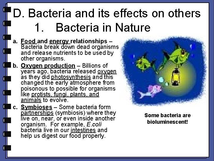 D. Bacteria and its effects on others 1. Bacteria in Nature a. Food and