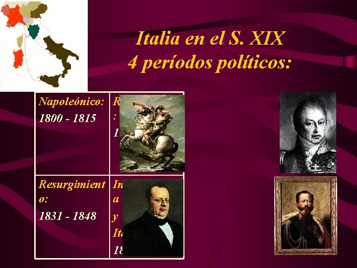 Italia en el S. XIX 4 períodos políticos: Napoleónico: Restauración 1800 - 1815 :