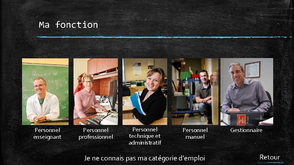 Ma fonction Personnel enseignant Personnel professionnel Personnel technique et administratif Personnel manuel Je ne