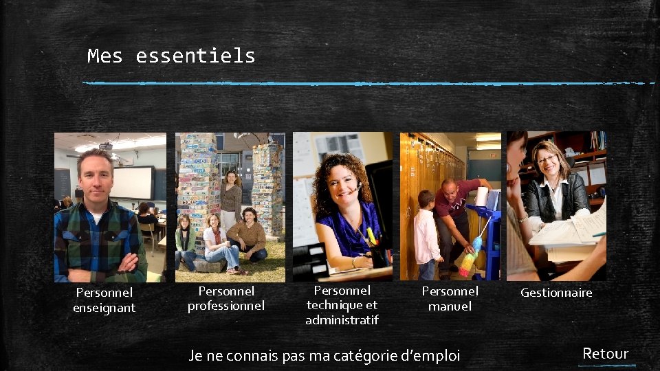 Mes essentiels Personnel enseignant Personnel professionnel Personnel technique et administratif Personnel manuel Je ne