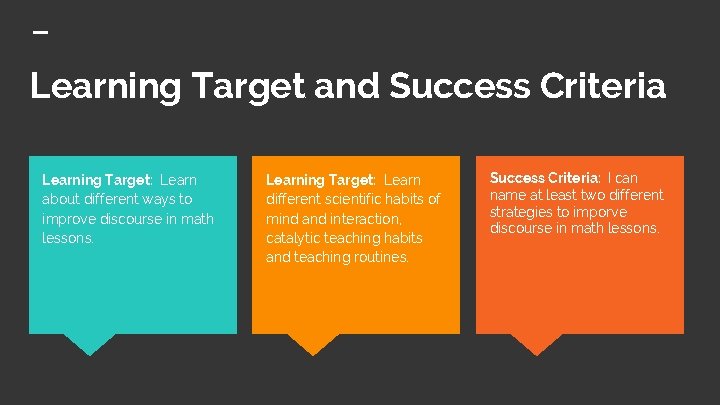 Learning Target and Success Criteria Learning Target: Learn about different ways to improve discourse