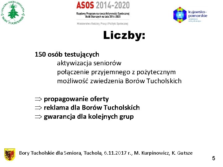 Liczby: 150 osób testujących aktywizacja seniorów połączenie przyjemnego z pożytecznym możliwość zwiedzenia Borów Tucholskich
