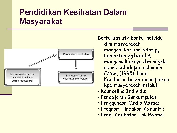 Pendidikan Kesihatan Dalam Masyarakat Bertujuan utk bantu individu dlm masyarakat mengaplikasikan prinsip 2 kesihatan