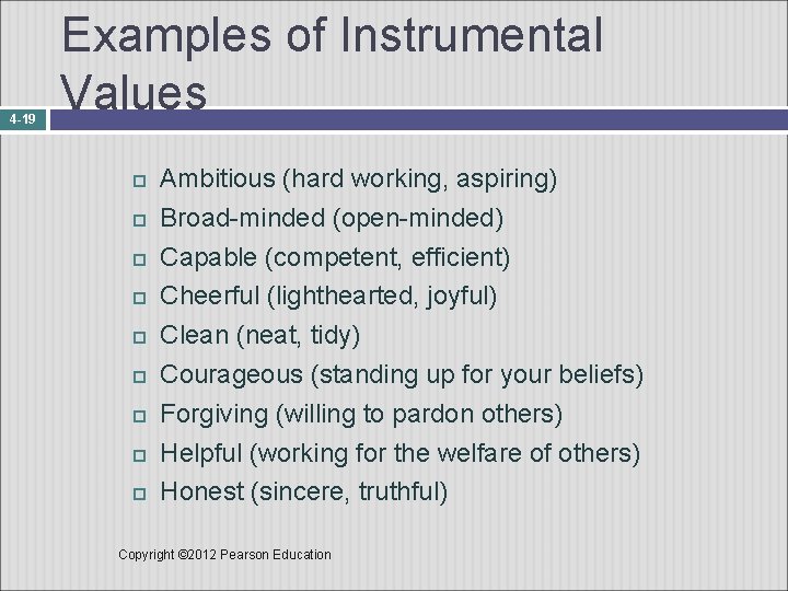 4 -19 Examples of Instrumental Values Ambitious (hard working, aspiring) Broad-minded (open-minded) Capable (competent,