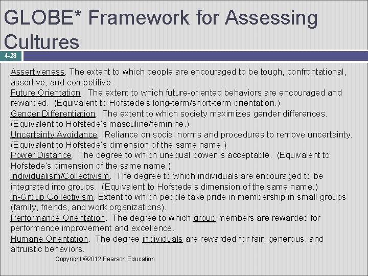 GLOBE* Framework for Assessing Cultures 4 -28 Assertiveness. The extent to which people are