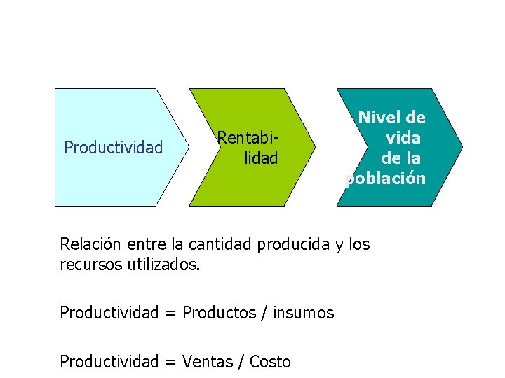 Productividad Rentabilidad Nivel de vida de la población Relación entre la cantidad producida y