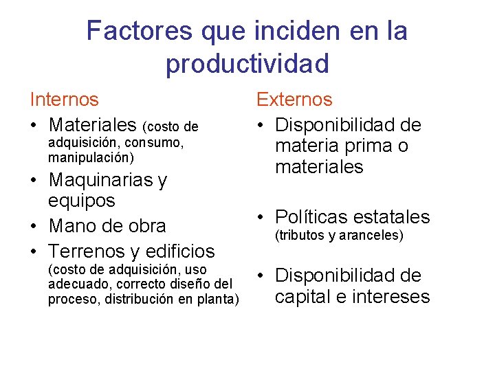 Factores que inciden en la productividad Internos • Materiales (costo de adquisición, consumo, manipulación)