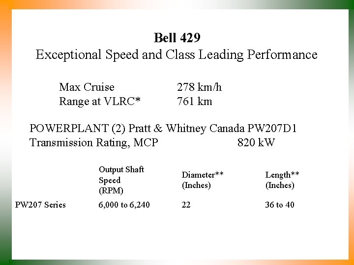 Bell 429 Exceptional Speed and Class Leading Performance Max Cruise Range at VLRC* 278