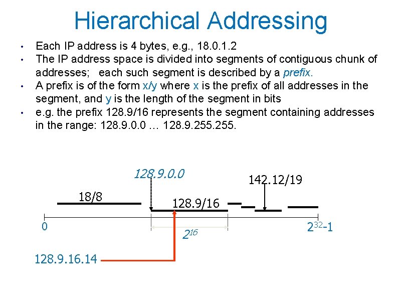 Hierarchical Addressing • • Each IP address is 4 bytes, e. g. , 18.