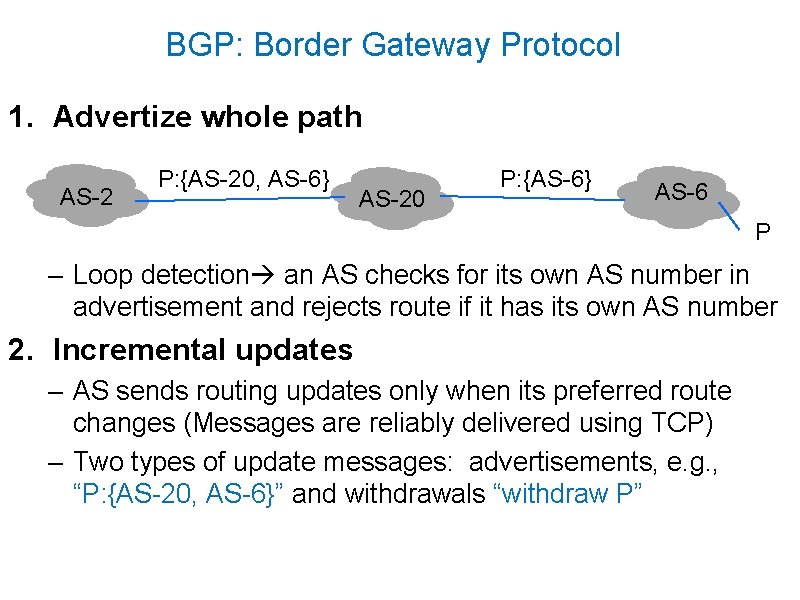 BGP: Border Gateway Protocol 1. Advertize whole path AS-2 P: {AS-20, AS-6} AS-20 P: