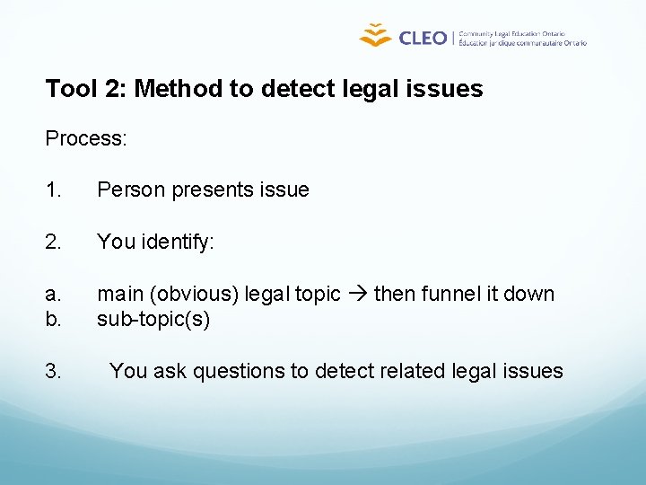 Tool 2: Method to detect legal issues Process: 1. Person presents issue 2. You