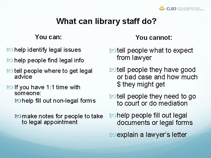 What can library staff do? You can: help identify legal issues help people find