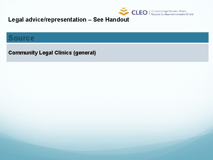 Legal advice/representation – See Handout Source Community Legal Clinics (general) 
