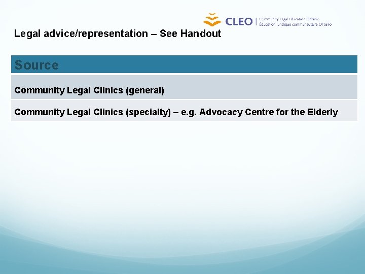 Legal advice/representation – See Handout Source Community Legal Clinics (general) Community Legal Clinics (specialty)