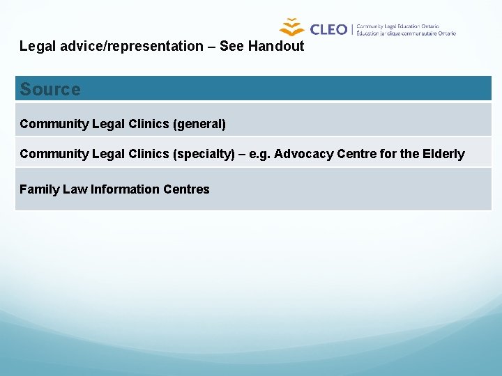 Legal advice/representation – See Handout Source Community Legal Clinics (general) Community Legal Clinics (specialty)