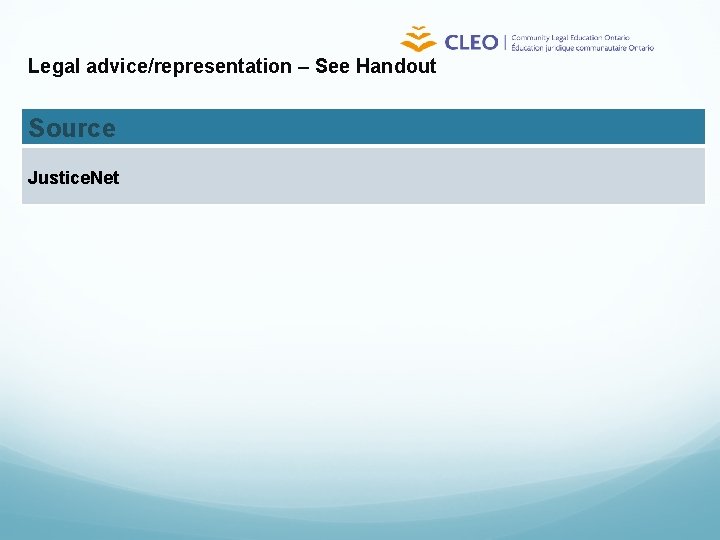 Legal advice/representation – See Handout Source Justice. Net 