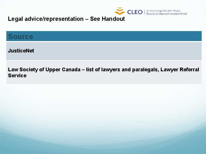 Legal advice/representation – See Handout Source Justice. Net Law Society of Upper Canada –
