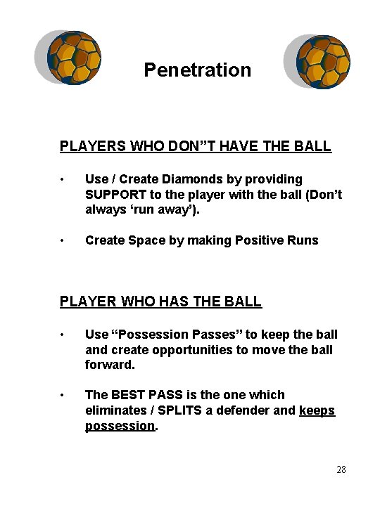 Penetration PLAYERS WHO DON”T HAVE THE BALL • Use / Create Diamonds by providing