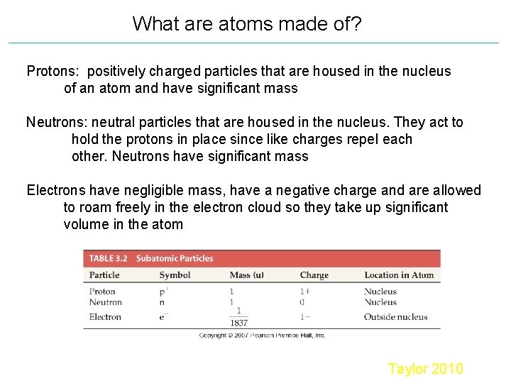 What are atoms made of? Protons: positively charged particles that are housed in the