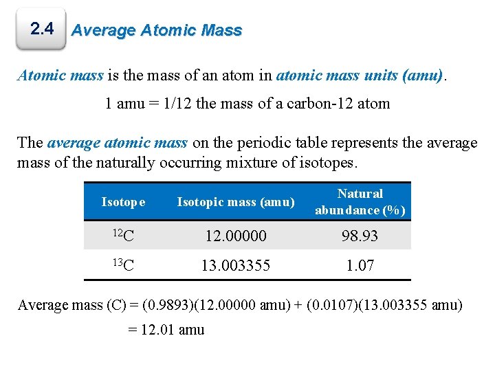 2. 4 Average Atomic Mass Atomic mass is the mass of an atom in