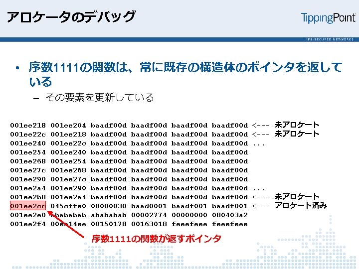 アロケータのデバッグ • 序数 1111の関数は、常に既存の構造体のポインタを返して いる – その要素を更新している 001 ee 218 001 ee 204 baadf