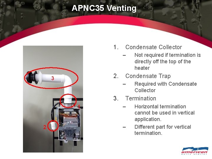 APNC 35 Venting 1. Condensate Collector – 2. 3 1 2 Condensate Trap –