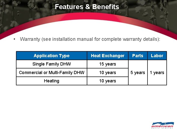 Features & Benefits • Warranty (see installation manual for complete warranty details): Application Type