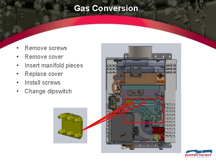 Gas Conversion • • • Remove screws Remove cover Insert manifold pieces Replace cover
