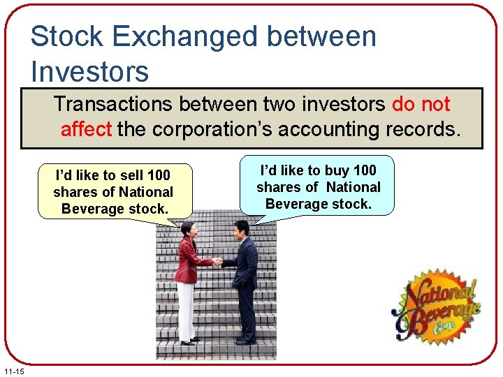 Stock Exchanged between Investors Transactions between two investors do not affect the corporation’s accounting