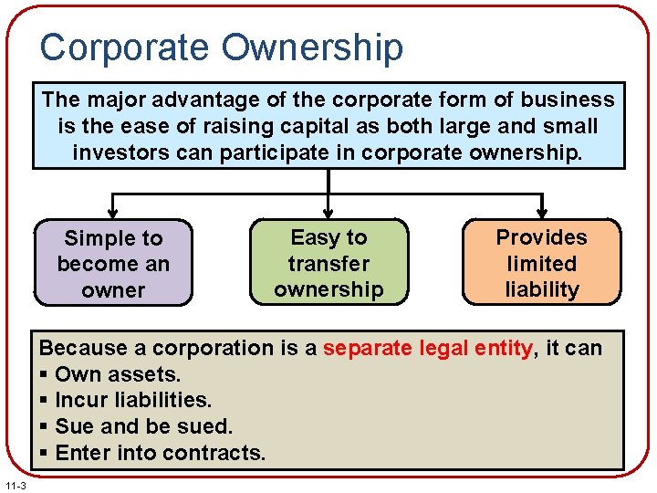 Corporate Ownership The major advantage of the corporate form of business is the ease
