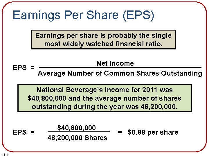 Earnings Per Share (EPS) Earnings per share is probably the single most widely watched