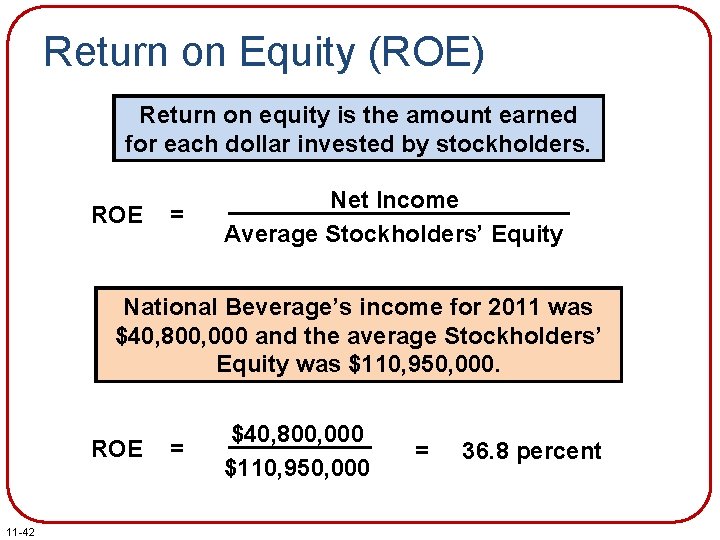 Return on Equity (ROE) Return on equity is the amount earned for each dollar