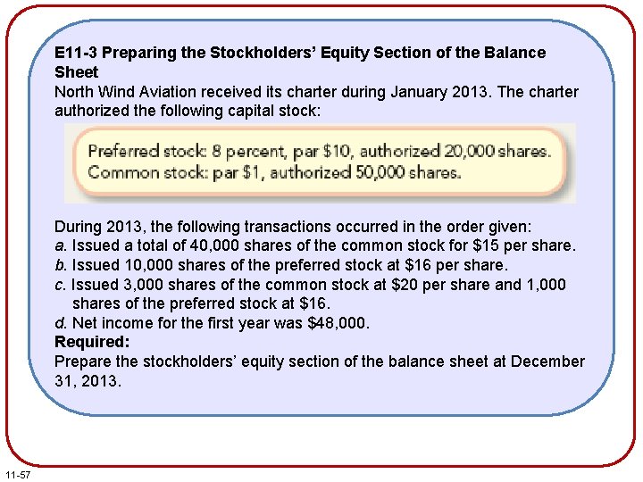 E 11 -3 Preparing the Stockholders’ Equity Section of the Balance Sheet North Wind