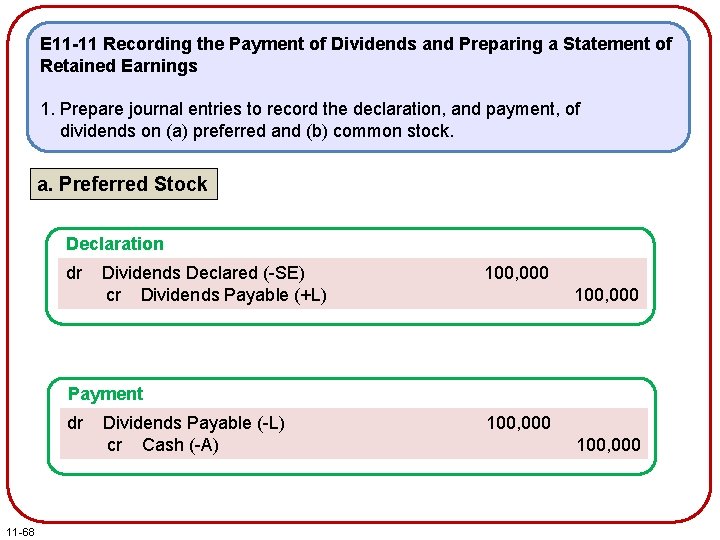 E 11 -11 Recording the Payment of Dividends and Preparing a Statement of Retained